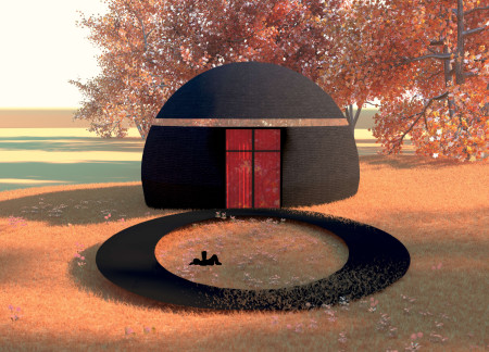 Used Brick Pavilion with Glass Bricks and Composting Kitchen