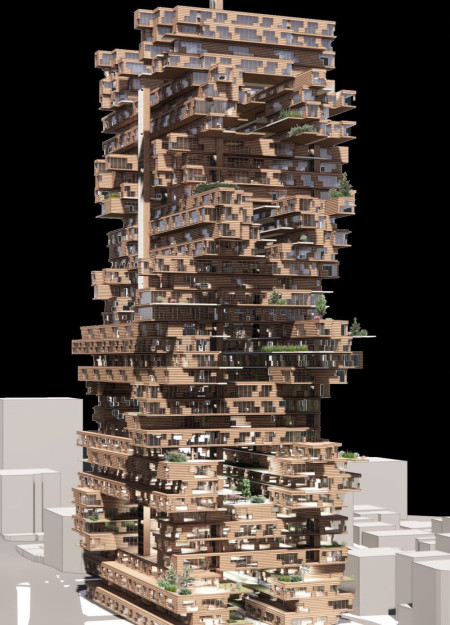 Vertical Wooden Logs Integrating Community Spaces in Downtown Tokyo