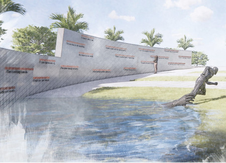 Corten Steel Figures and Reflective Waters in a Coastal Memorial Designed for Climate Awareness