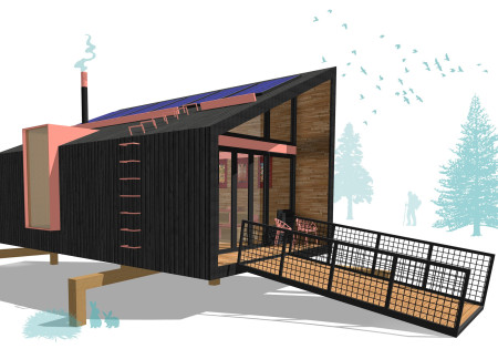 Elevated Timber Structure with Expansive Glass and Integrated Solar Energy for Tranquil Meditation Spaces