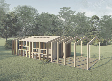 Forest Integration with Gabled Roofs and Natural Wood Meditation Space