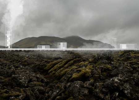 Water Vapor Tower Reflecting Geothermal Energy in White Steel