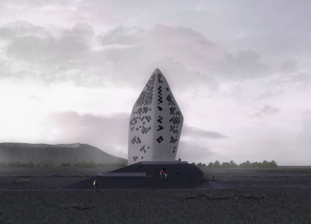 Geothermal Landmark Features Glass Fiber and Metallic Structure in Icelandic Landscape