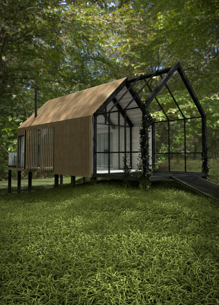 Wood Cladding and Steel Mesh Frame in a Wellness Retreat