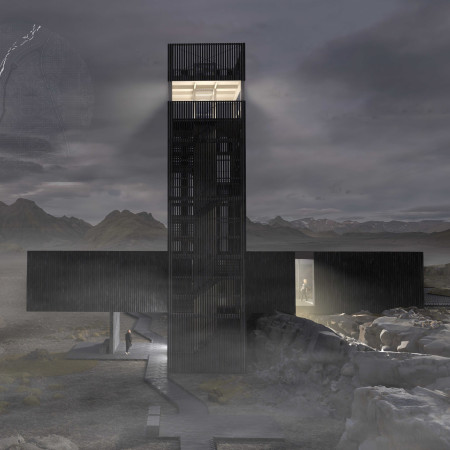 Suspended Caf&eacute; Above a Geological Scar Made with Charred Timber