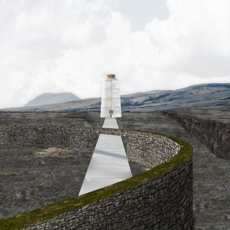 Lantern-Like Beacon Crafted from Wood and Polycarbonate Overlooking Tectonic Landscape