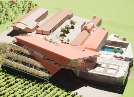 Red Tiles and Decorative Vines in Vineyard Hotel Design