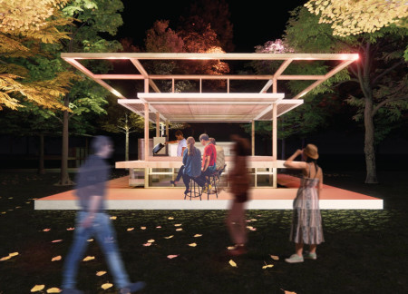 Translucent Walls and Oversized Roof Create Gathering Space in Forest Setting