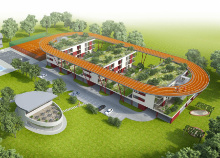 Rooftop Track and Open Living Spaces in Natural Material Housing Complex