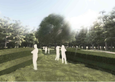 Cellular Concrete Roots Intertwined with Pedunculate Oak in a Reflective Memorial Space