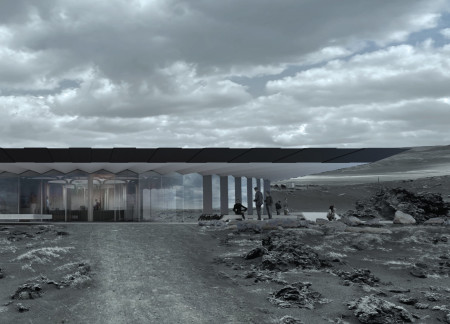 Reflective Glass and Circular Form Embrace Volcanic Landscapes in a Scenic Coffee Stop