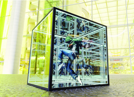 Reflective Plexiglass Cube with Iron Frame for Introspective Experience