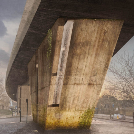 Suspended Homes with Burnished Bronze and Solid Oak Beneath Urban Infrastructure