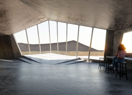 Upward Angles and Concrete Portals Enhancing Mountain Views in a Caf&eacute; Setting