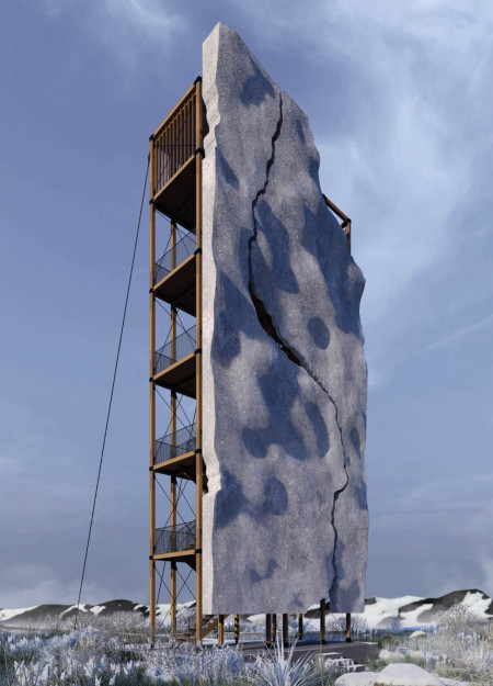 Cantilevered Structure Crafted from Ultra-Lightweight Concrete and Natural Wood Panels Inhabiting a Volcanic Landscape