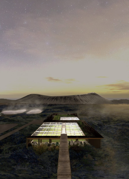 Basalt Gabions and Greenhouse Integration in Icelandic Landscape