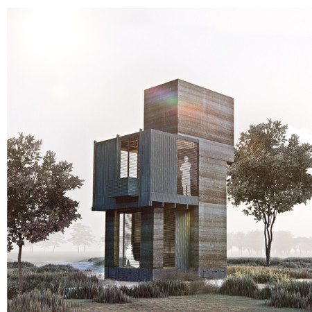 Rammed Earth Retreat with Cross-Ventilation and Natural Wood Elements