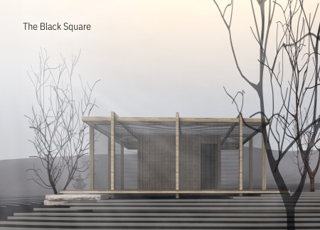 Black Square Retreat with Agricultural Netting and Timber Frame