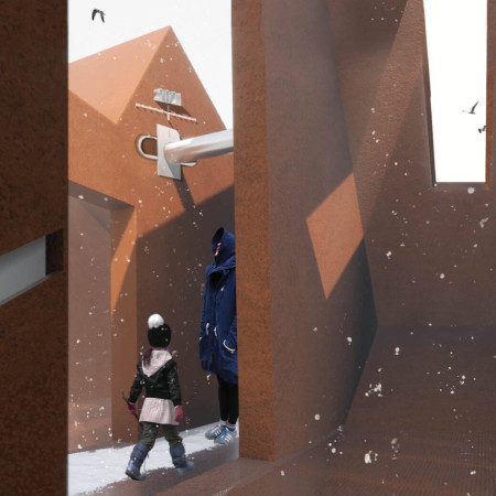 Corten Bridge over Tectonic Divide Enhancing Geological Awareness