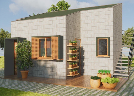 Cement Block Design Featuring Communal Spaces and Sustainable Features