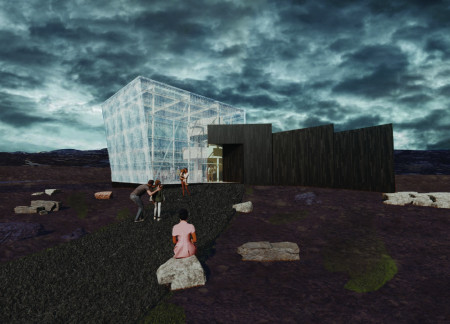 Glacial-Inspired Pavilion with Volcanic Rock and Bio-Glass Integration