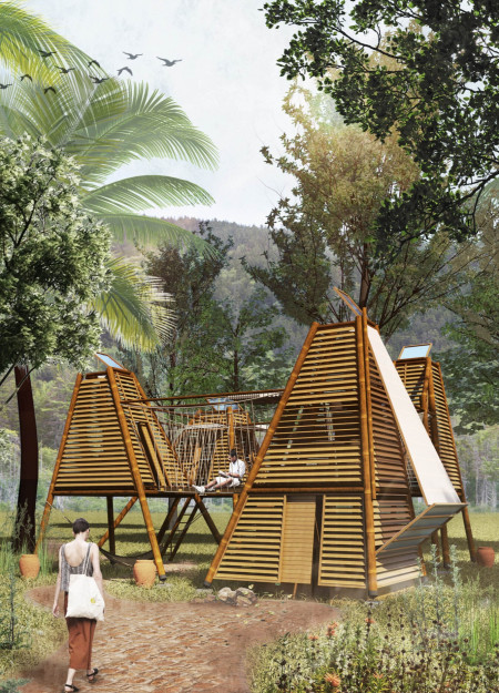 Bamboo Huts Along Elevated Paths in a Cambodian Retreat