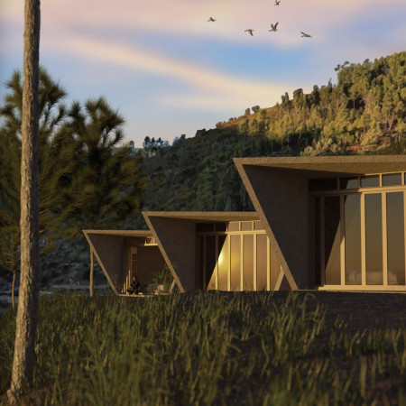 Embracing Nature with Hemp-Lime and Oak in a Funnel-Shaped Retreat