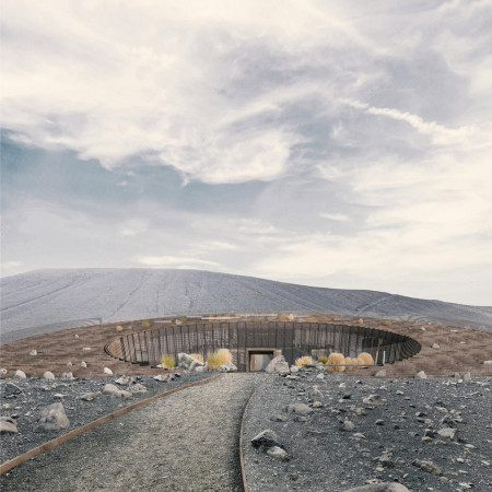 Weathering Steel and Panoramic Views in a Volcanic Landscape Caf&eacute;