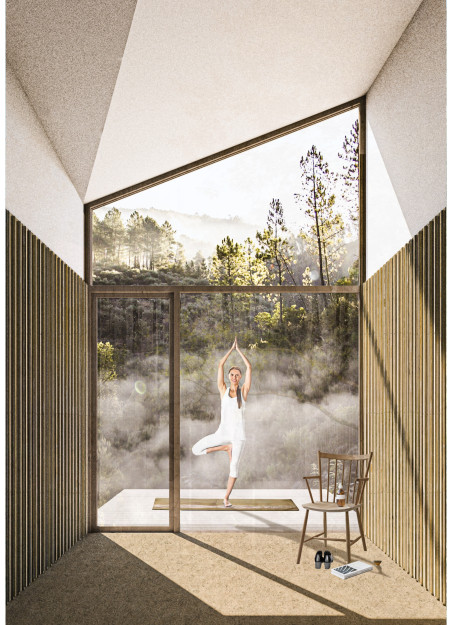 Butterfly Roof Cabins with Recessed Entry and Natural Materials for Meditation Retreat