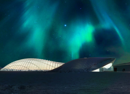 Fluid Etfe Canopy Overlooks Volcanic Landscape in Sustainable Community Pavilion