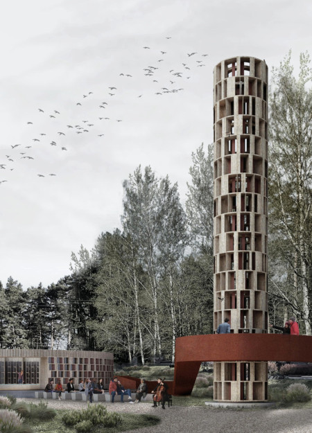 Corten Steel Tower and Black Ceramic Columbarium in Nature-Integrated Memorial