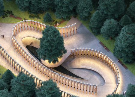 Wooden Pathway Ascending from Earth Beneath a Reflection Pool