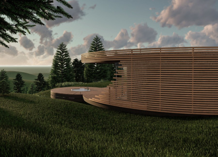 Curved Stone and Larch Cabin Embracing Mountain Landscapes