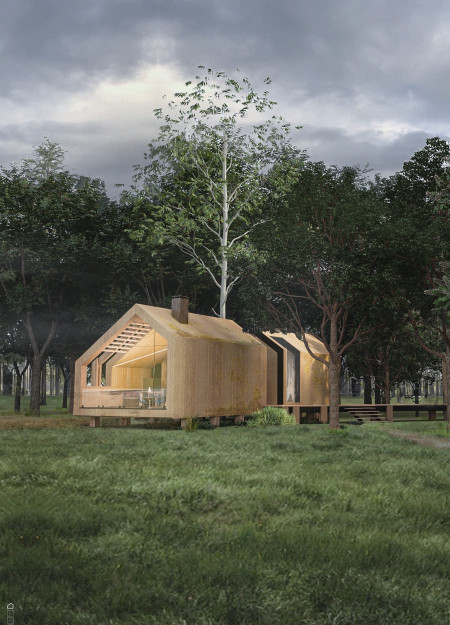 A Central Tree and Gabled Roof Embrace Nature in a Sustainable Retreat