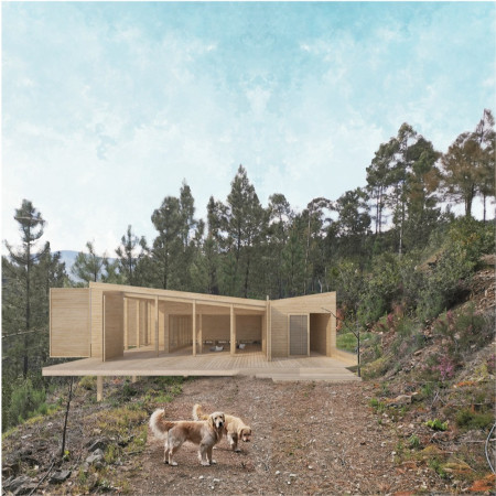 Rainwater-Collecting Structure with Wood and Sliding Panels for Mindful Practices