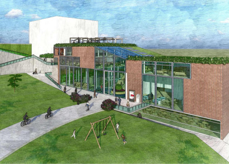 U-Shaped Community Hub Embracing Brick and Greenery