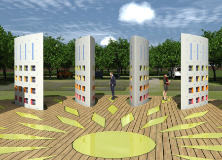 Yellow Glass and Cast Concrete Stones Shape a Reflective Memorial Landscape