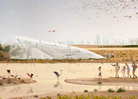 Feathered Metal Grid with Translucent Concrete Emphasizing Visitor Experience in Natural Habitat