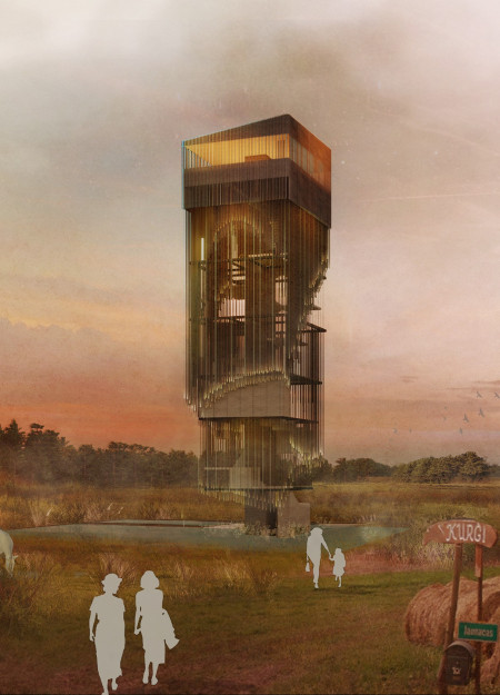 Suspended Net Floor and Concrete Structure Interact with Nature in a Unique Observation Tower