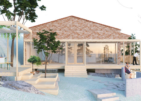 Natural Light Atrium with Mosaic Blue Wall in a Timber and Clay Retreat