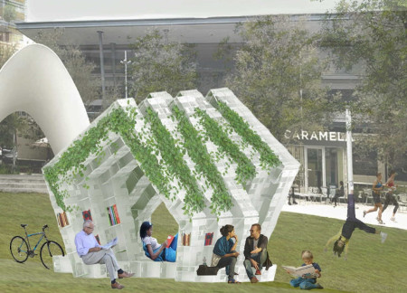 Modular Pavilion Crafted from Reusable Plastic Boxes in a Community Reading Space