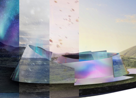 Reflecting Aurora Through Concrete and Aluminum in a Cultural Pavilion