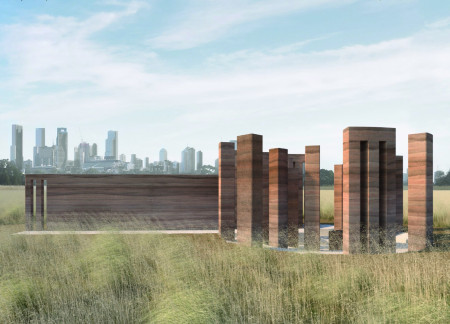 Reflective Rammed Earth Columns in a Sustainable Exhibition Space