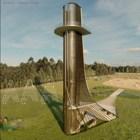 Hydraulic Lift Tower Crafted with Concrete and Bronze Elements Amidst Wetland Ecosystem