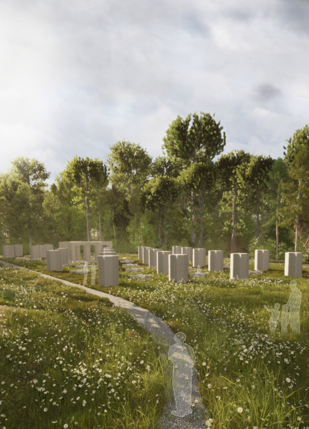 Textured Concrete Pillars Defining a Sacred Glade for Reflection and Remembrance