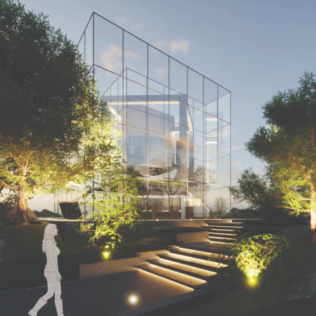 Floating Cubes with Hologram Displays Amidst Coastal Serenity