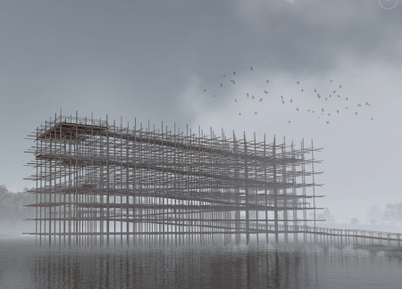 Wooden Beams Forming a Vertical Journey Through Wetlands