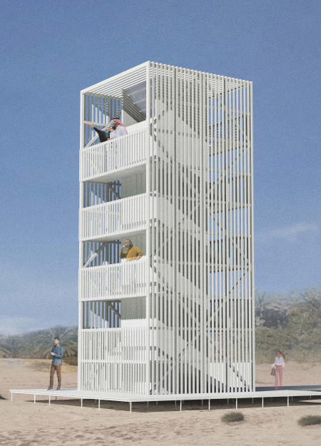 Reflective White Facade on Stilted Observation Deck Overlooking Wetlands