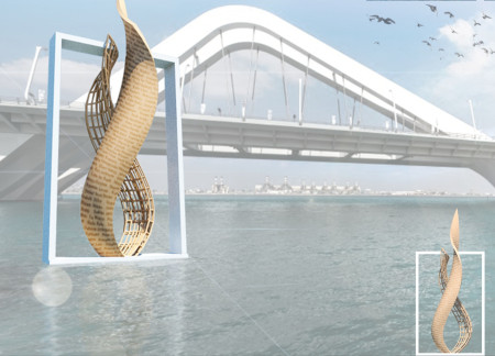 Floating Sculpture of Glass Reinforced Plastic and Steel Truss Celebrating Women's Legacy