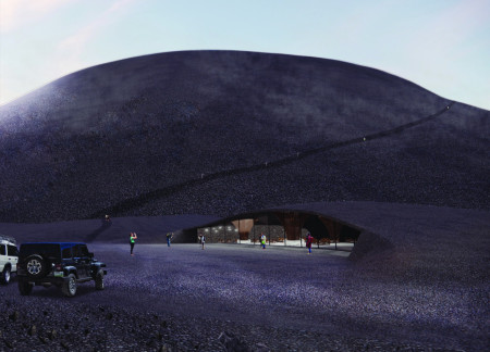 Volcanic Rock and Concrete Structure Enhances Visitor Experience in Icelandic Landscape